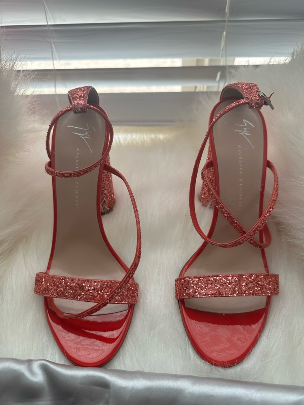 Authentic Giuseppe Zanotti Red Glitter Strappy Block Heel Sandals